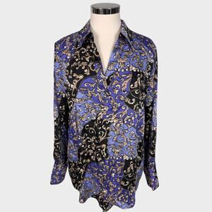 Chico's Womens Size 2 Long Sleeve Top Large Blue Pattern 100% Polyester